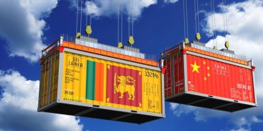 İçinde Sri Lanka ve Çin bayrakları olan konteynerler - 3D illüstrasyon