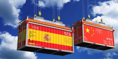 İspanya ve Çin 'in bayraklı konteynırları - 3D illüstrasyon