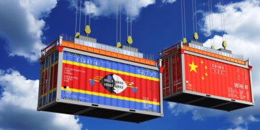 İçinde Eswatini ve Çin bayrakları olan konteynırlar - 3 boyutlu illüstrasyon