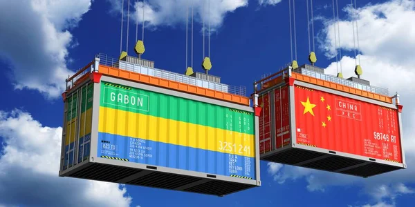 Gabon ve Çin 'in bayraklı konteynırları - 3 boyutlu illüstrasyon