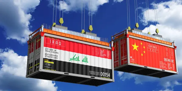 Irak ve Çin 'in bayraklı konteynırları - 3D illüstrasyon