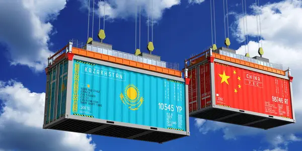 İçinde Kazakistan ve Çin bayrakları olan konteynırlar - 3 boyutlu illüstrasyon