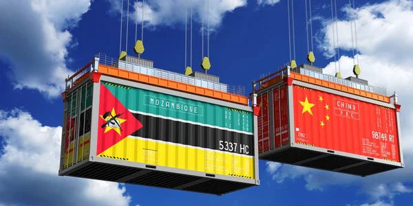 Mozambik ve Çin bayraklı nakliye konteynerleri - 3 boyutlu illüstrasyon