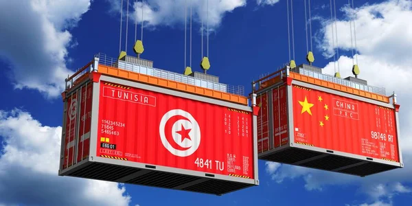 Tunus ve Çin bayraklı nakliye konteynerleri - 3D illüstrasyon
