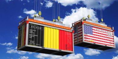 Belçika ve ABD bayraklı nakliye konteynerleri - 3D illüstrasyon