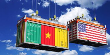 Üzerinde Kamerun ve ABD bayrakları olan konteynırlar - 3D illüstrasyon