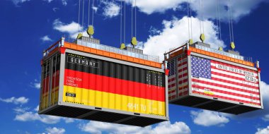 Almanya ve ABD bayraklı nakliye konteynerleri - 3D illüstrasyon