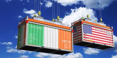 İrlanda ve ABD bayraklı nakliye konteynerleri - 3D illüstrasyon