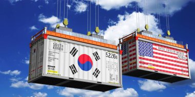 Güney Kore ve ABD bayraklı nakliye konteynırları - 3D illüstrasyon