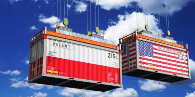 Polonya ve ABD bayraklı nakliye konteynerleri - 3D illüstrasyon