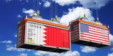 Bahreyn ve ABD bayraklı konteynırlar - 3D illüstrasyon