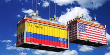 Kolombiya ve ABD bayraklı nakliye konteynerleri - 3 boyutlu illüstrasyon