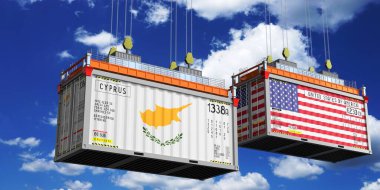 Kıbrıs ve ABD bayraklı nakliye konteynerleri - 3D illüstrasyon