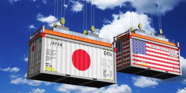 Japon ve ABD bayraklı konteynırlar - 3D illüstrasyon