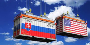Slovakya ve ABD bayraklı nakliye konteynerleri - 3D illüstrasyon