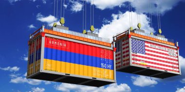 Ermenistan ve ABD bayraklı konteynırlar - 3D illüstrasyon