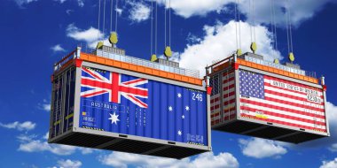 Avustralya ve ABD bayraklı nakliye konteynerleri - 3D illüstrasyon
