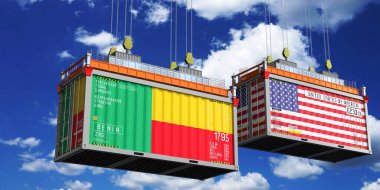 İçinde Benin ve USA bayrakları olan konteynırlar - 3D illüstrasyon