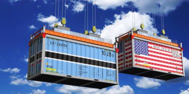 Botswana ve ABD bayraklı konteynırlar - 3D illüstrasyon