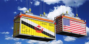Brunei ve ABD bayraklı nakliye konteynerleri - 3 boyutlu illüstrasyon