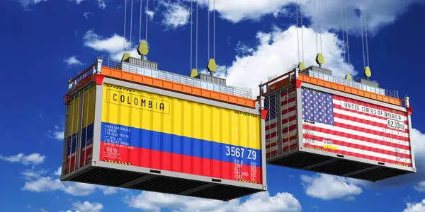 Kolombiya ve ABD bayraklı nakliye konteynerleri - 3 boyutlu illüstrasyon