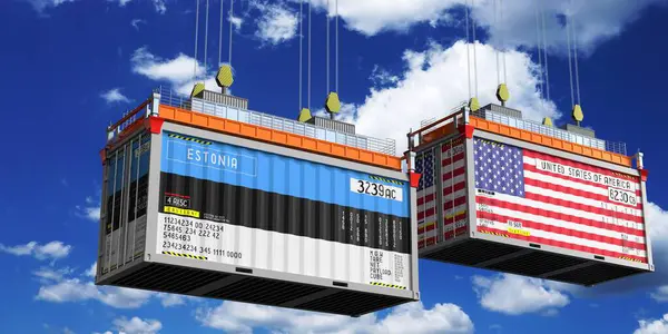 Üzerinde Estonya ve ABD bayrakları olan konteynırlar - 3D illüstrasyon