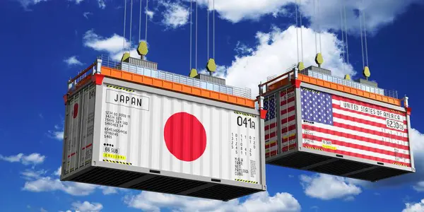 Japon ve ABD bayraklı konteynırlar - 3D illüstrasyon