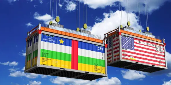 Orta Afrika Cumhuriyeti ve ABD bayraklı nakliye konteynerleri - 3D illüstrasyon