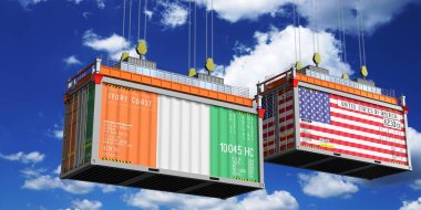 Fildişi Sahili ve ABD bayraklı konteynırlar - 3D illüstrasyon