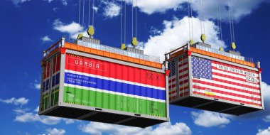 Gambiya ve ABD bayraklı nakliye konteynerleri - 3D illüstrasyon