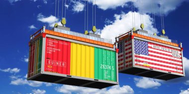 Üzerinde Gine ve ABD bayrakları olan konteynırlar - 3D illüstrasyon