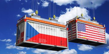 Çek Cumhuriyeti ve ABD bayraklı nakliye konteynerleri - 3D illüstrasyon