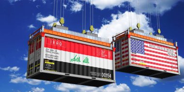 Irak ve ABD bayraklı konteynırlar - 3D illüstrasyon