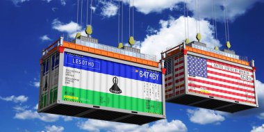 Lesotho ve ABD bayraklı konteynırlar - 3D illüstrasyon