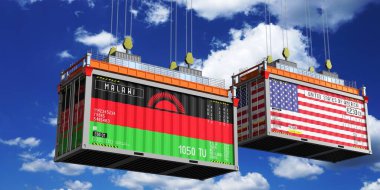Malawi ve ABD bayraklı nakliye konteynerleri - 3D illüstrasyon