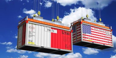 Malta ve ABD bayraklı nakliye konteynerleri - 3D illüstrasyon