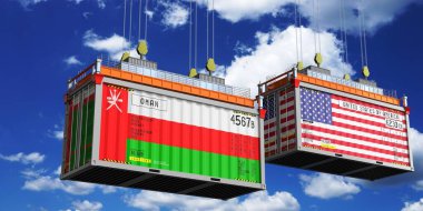 Umman ve ABD bayraklı nakliye konteynerleri - 3 boyutlu illüstrasyon