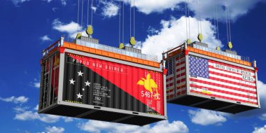 Papua Yeni Gine ve ABD bayraklı nakliye konteynerleri - 3D illüstrasyon