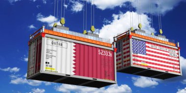 Katar ve ABD bayraklı nakliye konteynerleri - 3D illüstrasyon