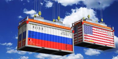 Rusya ve ABD bayraklı nakliye konteynerleri - 3D illüstrasyon