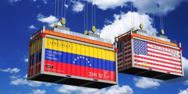 Venezuela ve ABD bayraklı nakliye konteynerleri - 3 boyutlu illüstrasyon