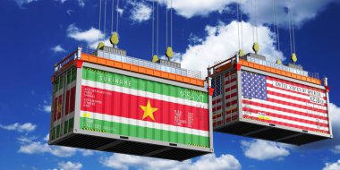 Surinam ve ABD bayraklı nakliye konteynerleri - 3D illüstrasyon