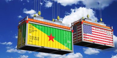 Fransız Guyanası ve ABD bayraklı nakliye konteynerleri - 3 boyutlu illüstrasyon