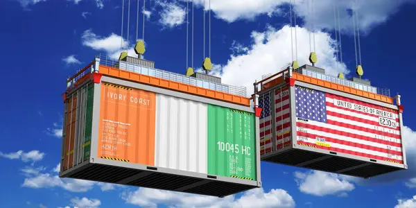 Fildişi Sahili ve ABD bayraklı konteynırlar - 3D illüstrasyon
