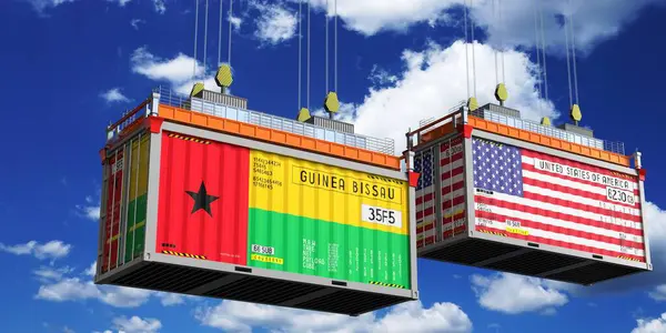 Üzerinde Gine Bissau ve ABD bayrakları olan konteynırlar - 3D illüstrasyon