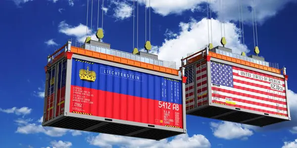 Lihtenştayn ve ABD bayraklı konteynırlar - 3D illüstrasyon