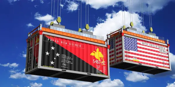Papua Yeni Gine ve ABD bayraklı nakliye konteynerleri - 3D illüstrasyon