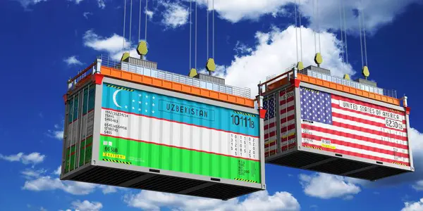 Přepravní Kontejnery Vlajkami Uzbekistánu Usa Ilustrace — Stock fotografie