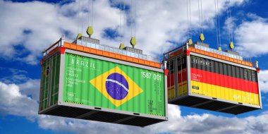 Brezilya ve Almanya bayraklı nakliye konteynerleri - 3D illüstrasyon