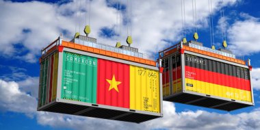 İçinde Kamerun ve Almanya bayrakları olan konteynerler - 3D illüstrasyon